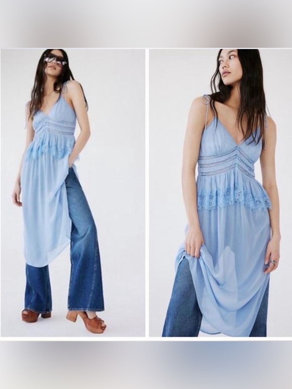 Free People Kiki Peplum Sheer Lace Trim Midi Slip Dress
